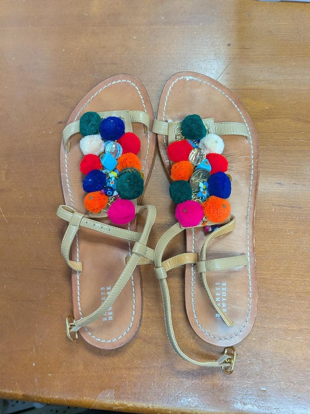 Barneys New York Tan Sandal with Multicolor Pom-Pom Embellishments